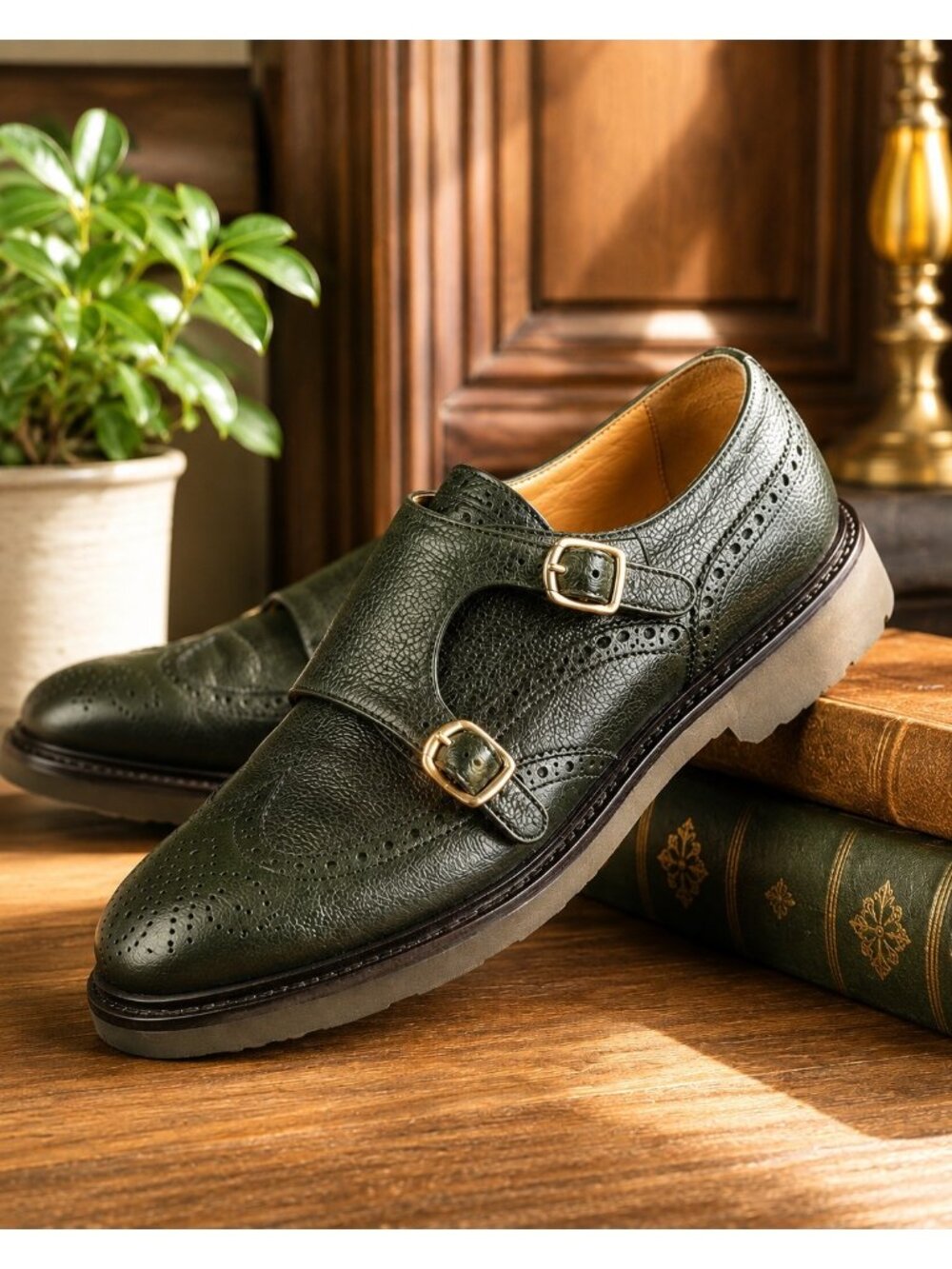 Doucal’s Brougue Double Monk Strap WingTip Dress Shoe Pebbled Leather Size 11